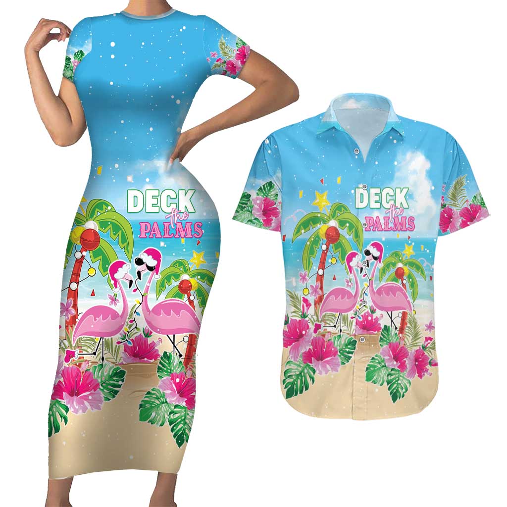 Hawaii Christmas Couples Matching Short Sleeve Bodycon Dress and Hawaiian Shirt Deck The Palms Holiday Flamingos