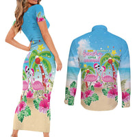 Hawaii Christmas Couples Matching Short Sleeve Bodycon Dress and Long Sleeve Button Shirt Deck The Palms Holiday Flamingos