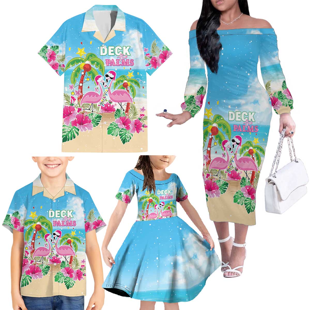 Hawaii Christmas Family Matching Off The Shoulder Long Sleeve Dress and Hawaiian Shirt Deck The Palms Holiday Flamingos