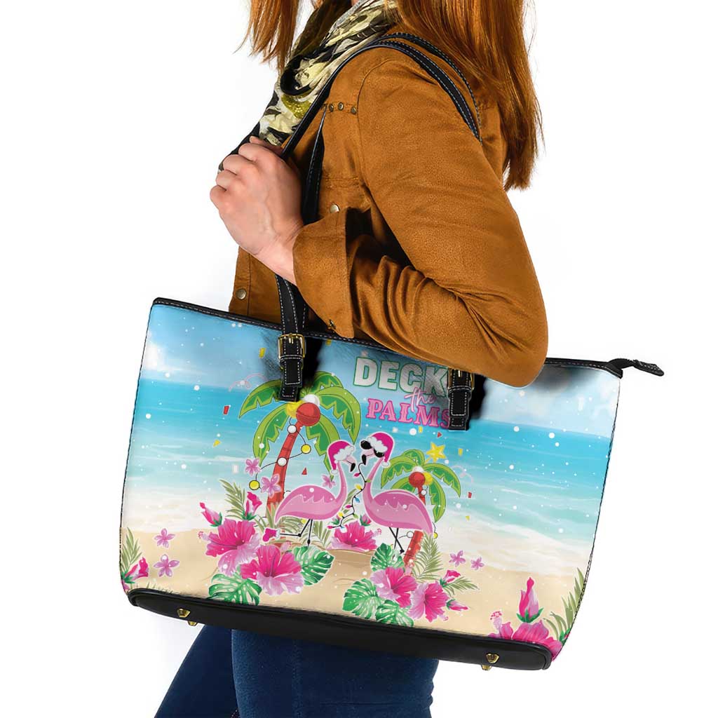 Hawaii Christmas Leather Tote Bag Deck The Palms Holiday Flamingos