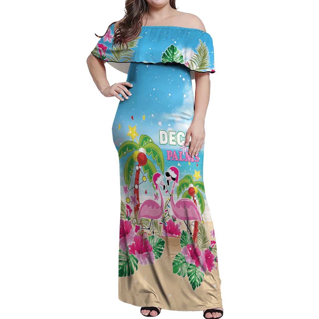 Hawaii Christmas Off Shoulder Maxi Dress Deck The Palms Holiday Flamingos