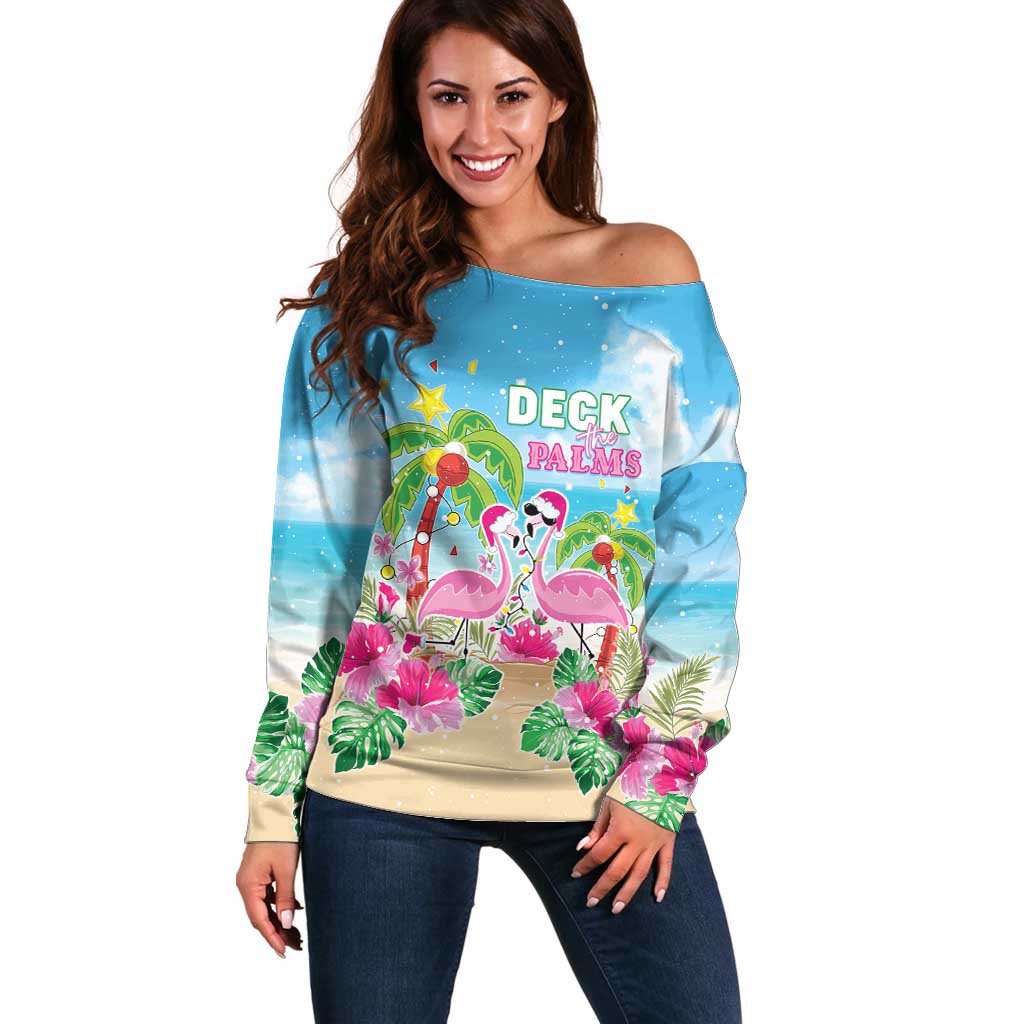 Hawaii Christmas Off Shoulder Sweater Deck The Palms Holiday Flamingos