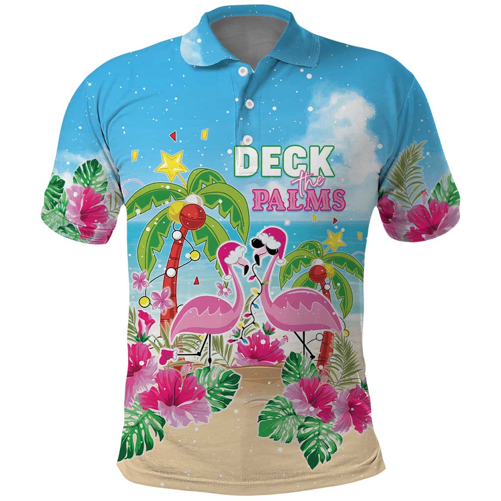 Hawaii Christmas Polo Shirt Deck The Palms Holiday Flamingos