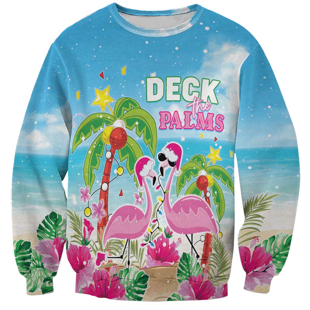 Hawaii Christmas Sweatshirt Deck The Palms Holiday Flamingos