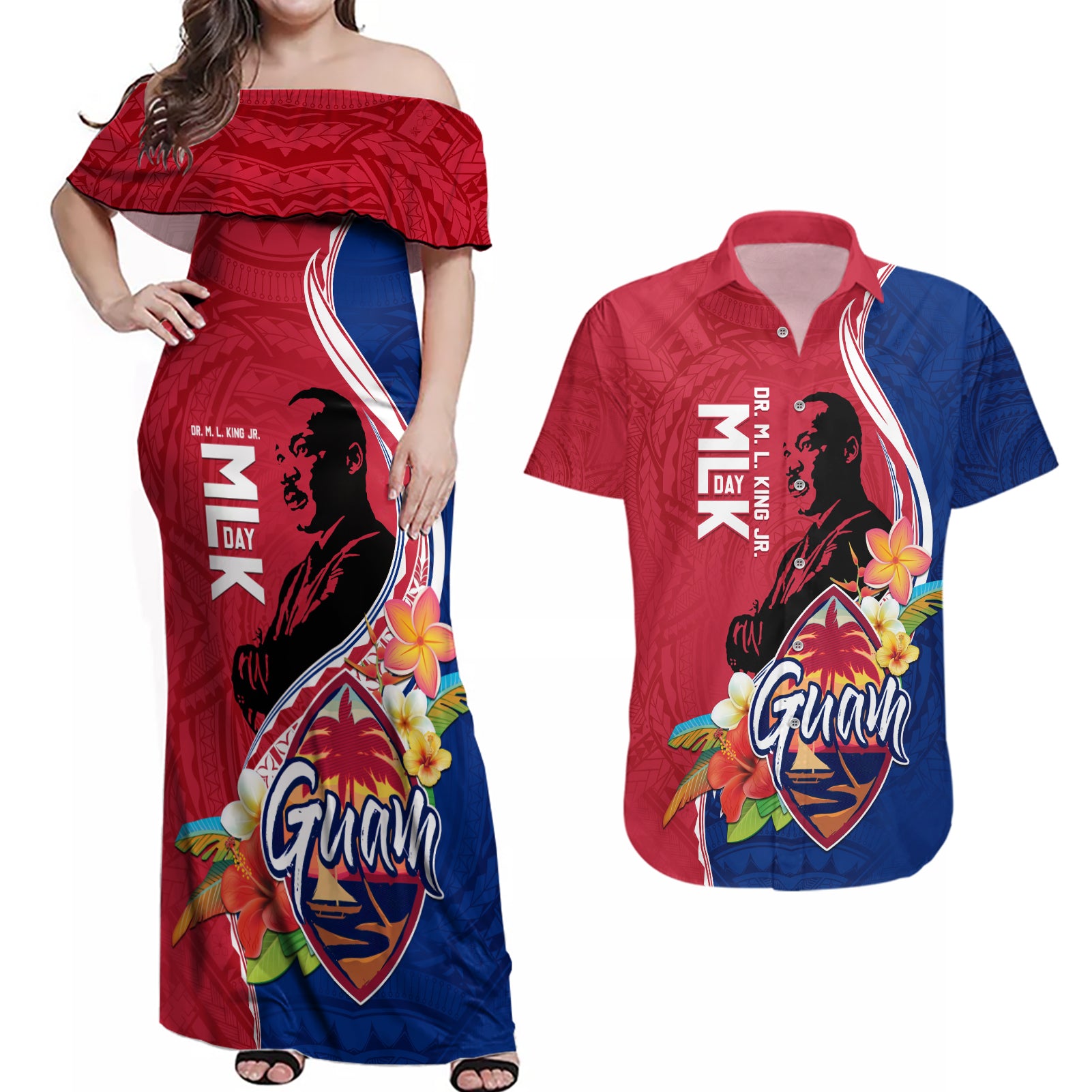 Guam Martin Luther King Jr Day Couples Matching Off Shoulder Maxi Dress and Hawaiian Shirt LT05 Red - Polynesian Pride