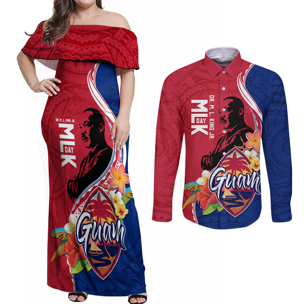 Guam Martin Luther King Jr Day Couples Matching Off Shoulder Maxi Dress and Long Sleeve Button Shirt LT05 Red - Polynesian Pride