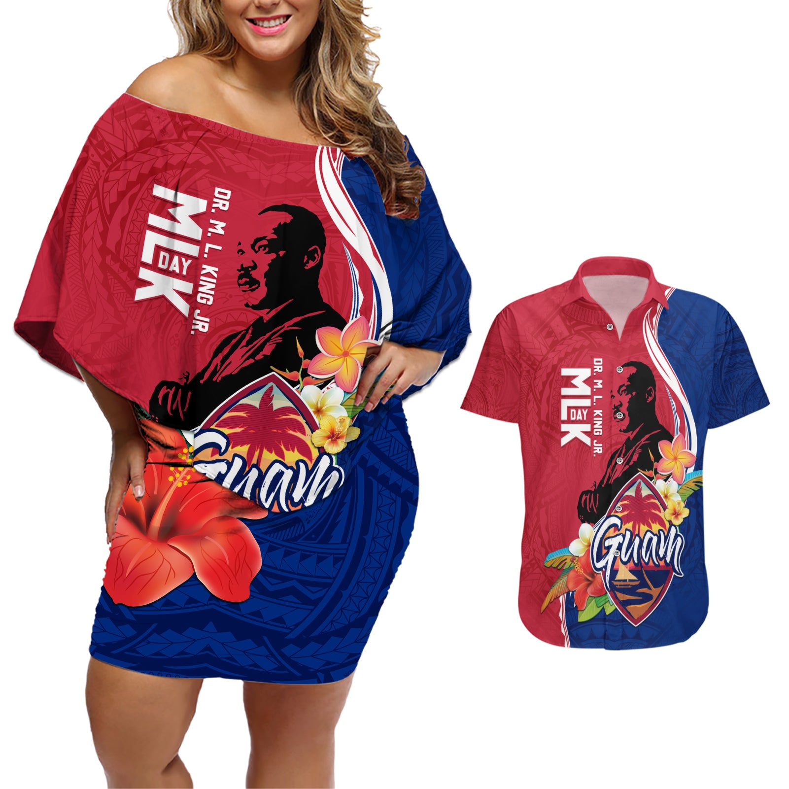 Guam Martin Luther King Jr Day Couples Matching Off Shoulder Short Dress and Hawaiian Shirt LT05 Red - Polynesian Pride