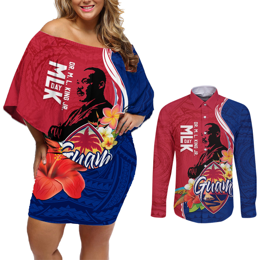 Guam Martin Luther King Jr Day Couples Matching Off Shoulder Short Dress and Long Sleeve Button Shirt LT05 Red - Polynesian Pride