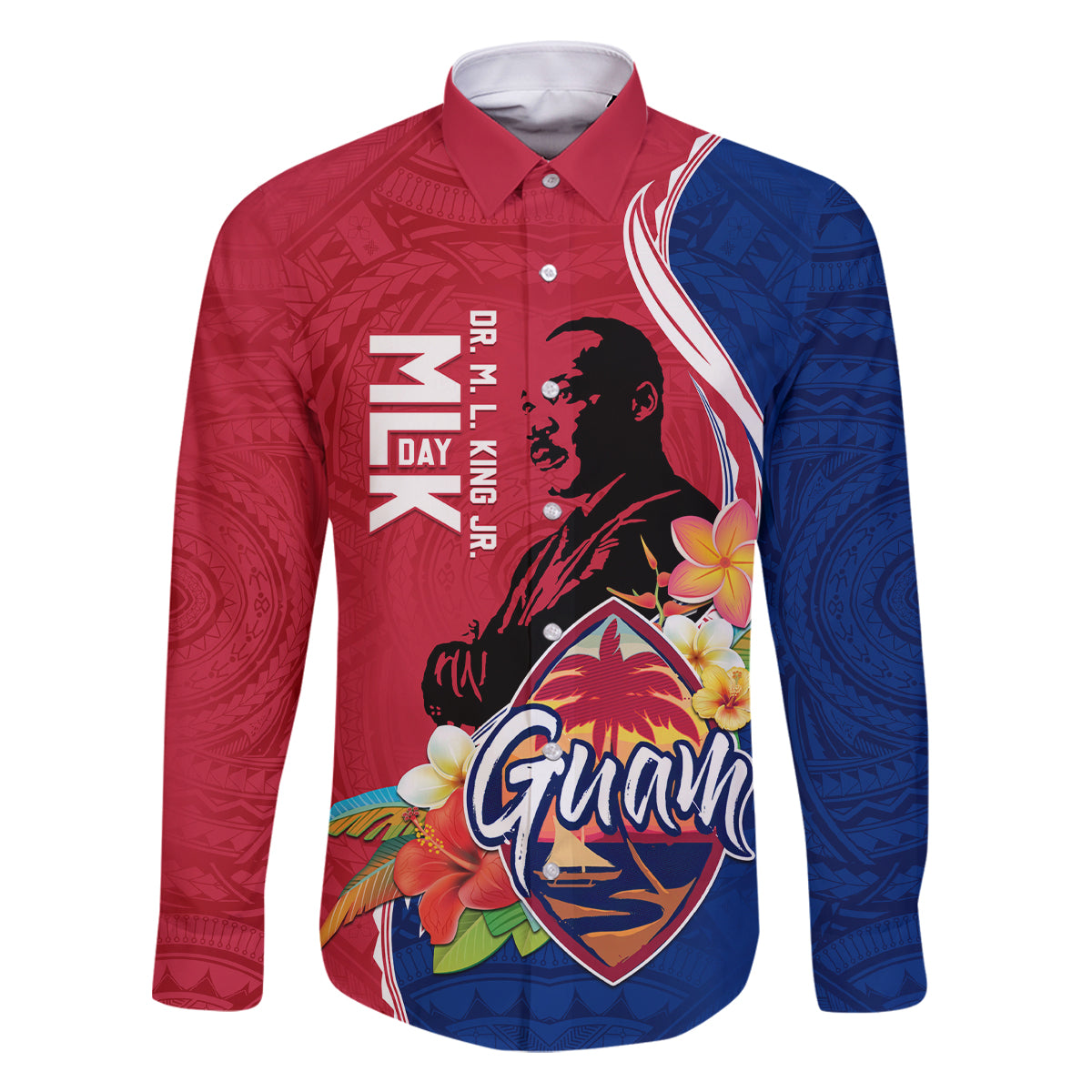 Guam Martin Luther King Jr Day Family Matching Long Sleeve Bodycon Dress and Hawaiian Shirt LT05 Dad's Shirt - Long Sleeve Red - Polynesian Pride