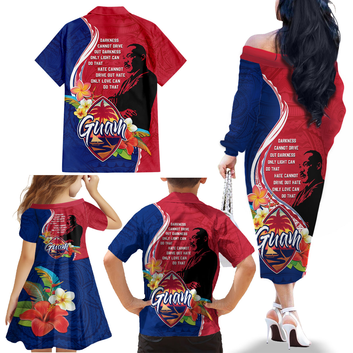 Guam Martin Luther King Jr Day Family Matching Off Shoulder Long Sleeve Dress and Hawaiian Shirt LT05 - Polynesian Pride
