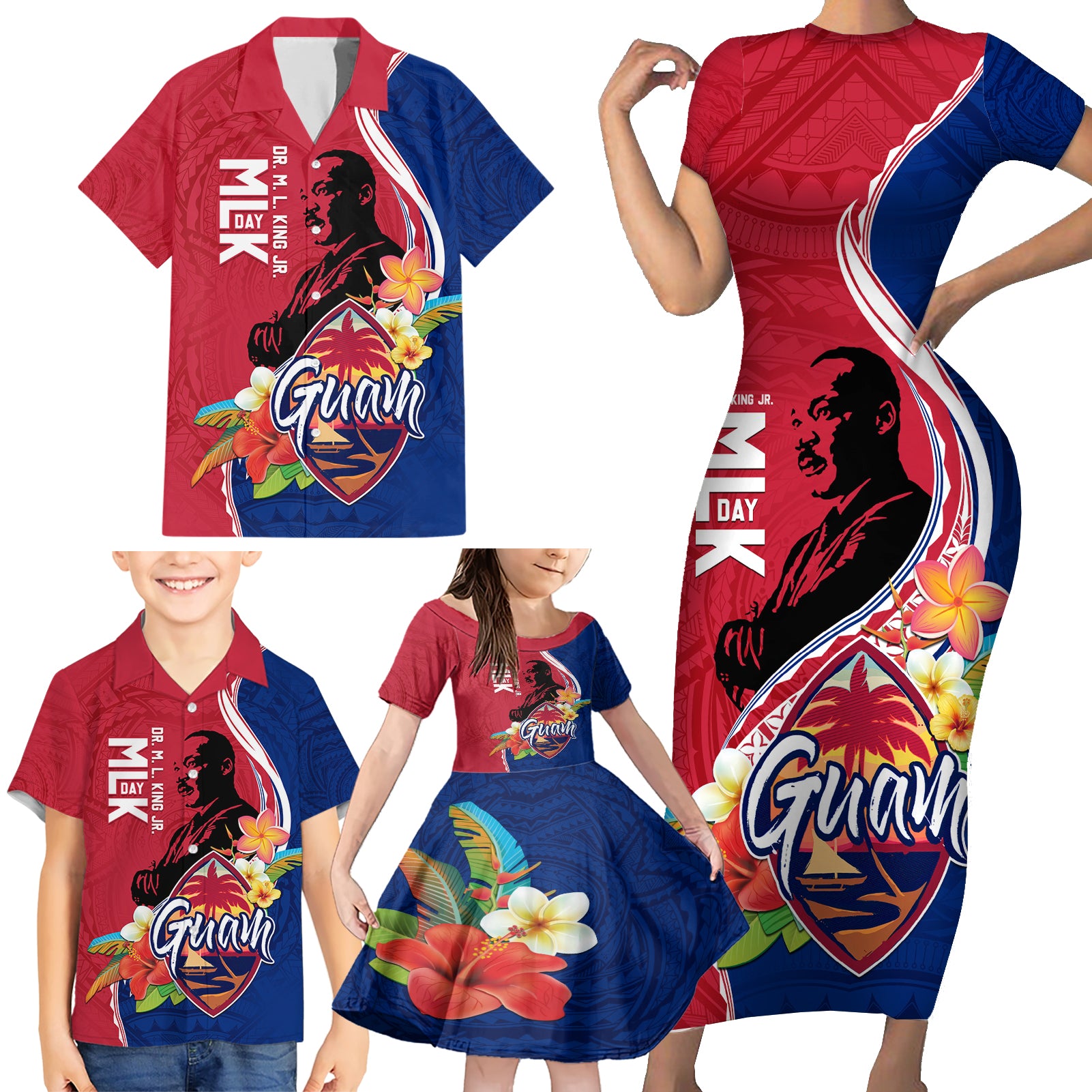 Guam Martin Luther King Jr Day Family Matching Short Sleeve Bodycon Dress and Hawaiian Shirt LT05 - Polynesian Pride