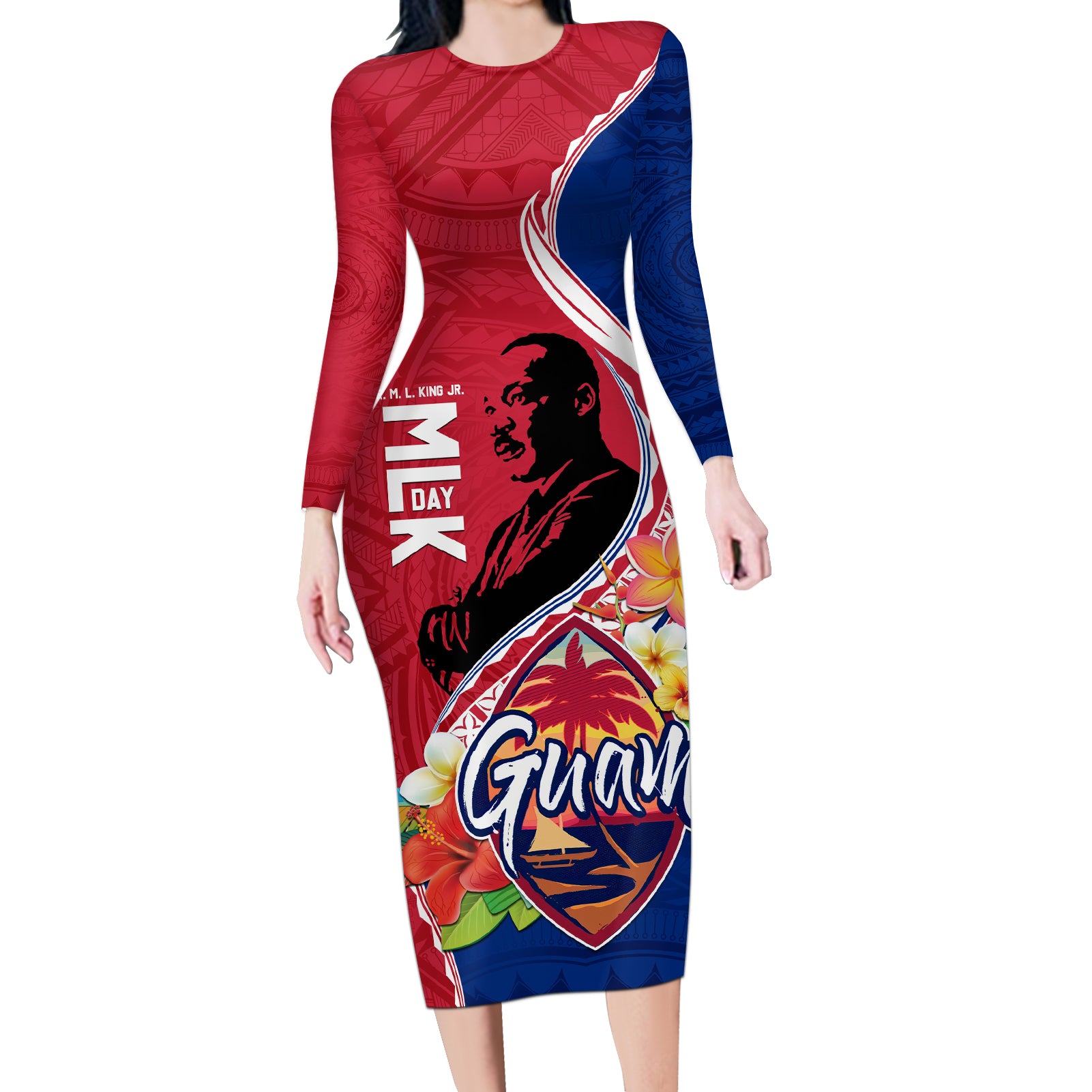 Guam Martin Luther King Jr Day Long Sleeve Bodycon Dress LT05 Long Dress Red - Polynesian Pride