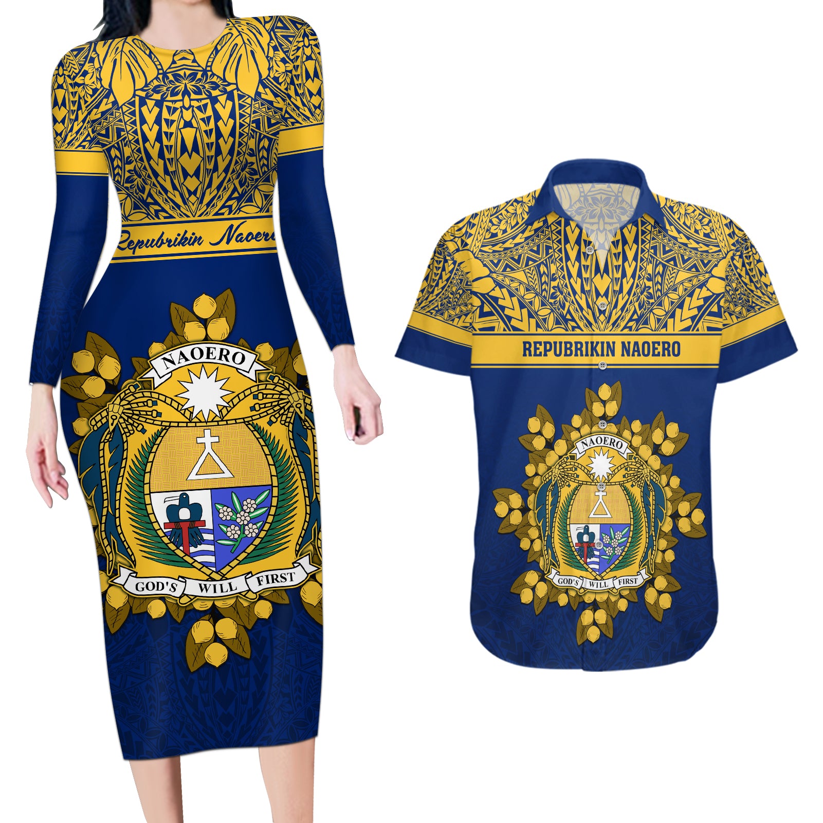 Personalised Repubrikin Naoero Independence Day Couples Matching Long Sleeve Bodycon Dress and Hawaiian Shirt Tamanu With Coat Of Arms LT05 Yellow - Polynesian Pride