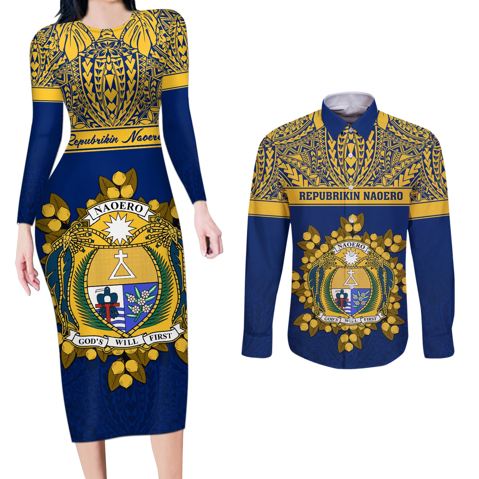 Personalised Repubrikin Naoero Independence Day Couples Matching Long Sleeve Bodycon Dress and Long Sleeve Button Shirt Tamanu With Coat Of Arms LT05 Yellow - Polynesian Pride