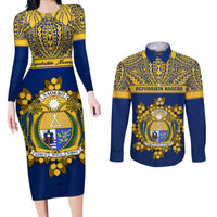 Personalised Repubrikin Naoero Independence Day Couples Matching Long Sleeve Bodycon Dress and Long Sleeve Button Shirt Tamanu With Coat Of Arms LT05 Yellow - Polynesian Pride