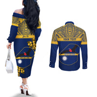 Personalised Repubrikin Naoero Independence Day Couples Matching Off The Shoulder Long Sleeve Dress and Long Sleeve Button Shirt Tamanu With Coat Of Arms LT05 - Polynesian Pride