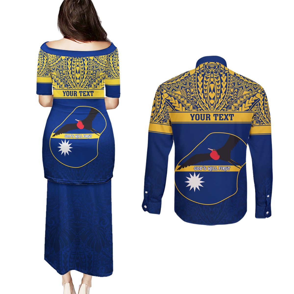 Personalised Repubrikin Naoero Independence Day Couples Matching Puletasi Dress and Long Sleeve Button Shirt Tamanu With Coat Of Arms LT05 - Polynesian Pride
