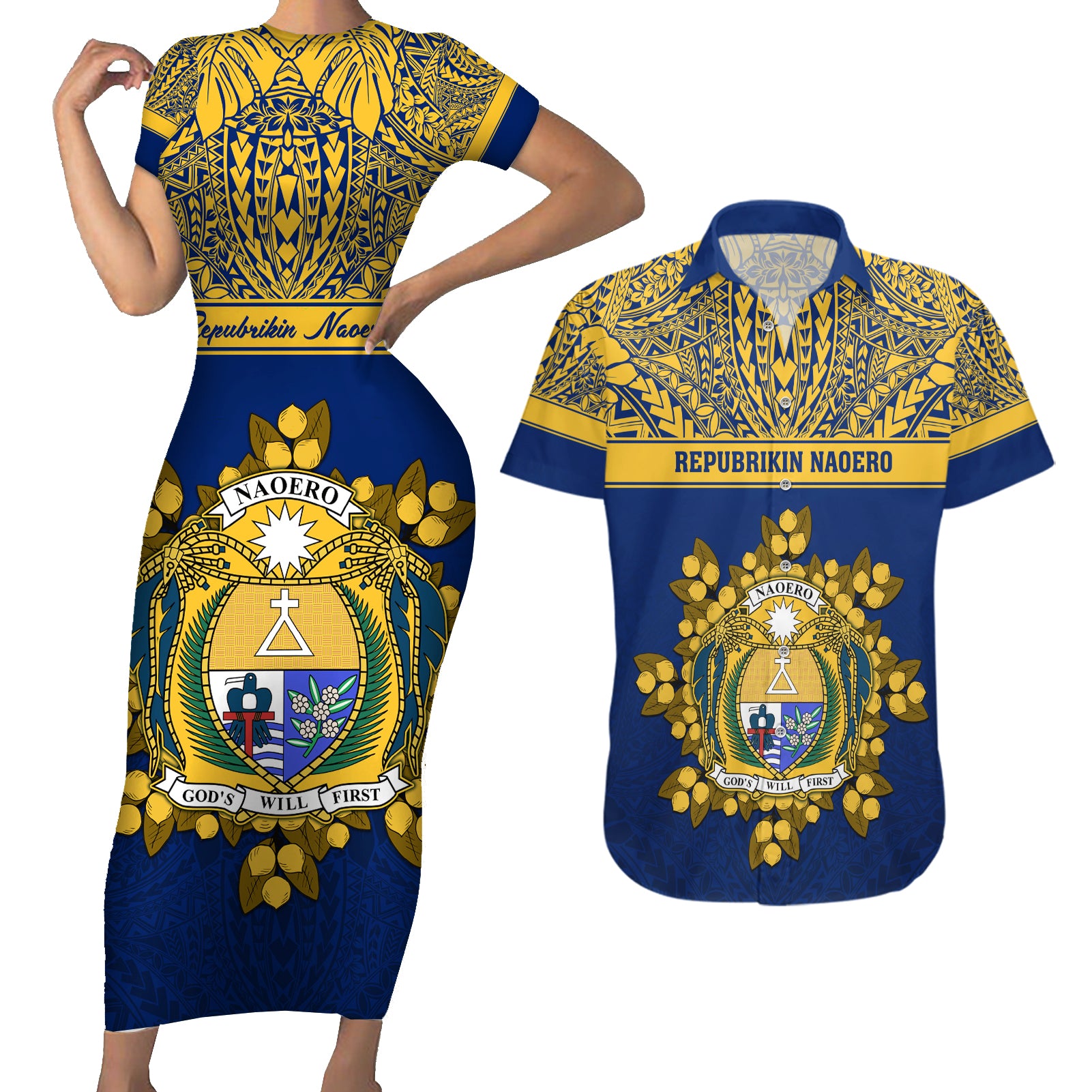 Personalised Repubrikin Naoero Independence Day Couples Matching Short Sleeve Bodycon Dress and Hawaiian Shirt Tamanu With Coat Of Arms LT05 Yellow - Polynesian Pride