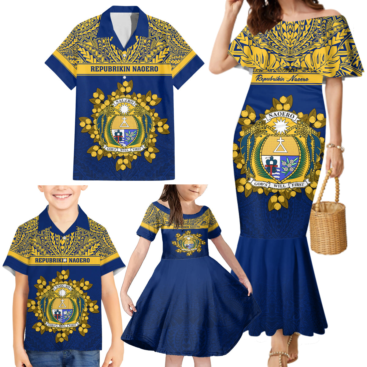 Personalised Repubrikin Naoero Independence Day Family Matching Mermaid Dress and Hawaiian Shirt Tamanu With Coat Of Arms LT05 - Polynesian Pride