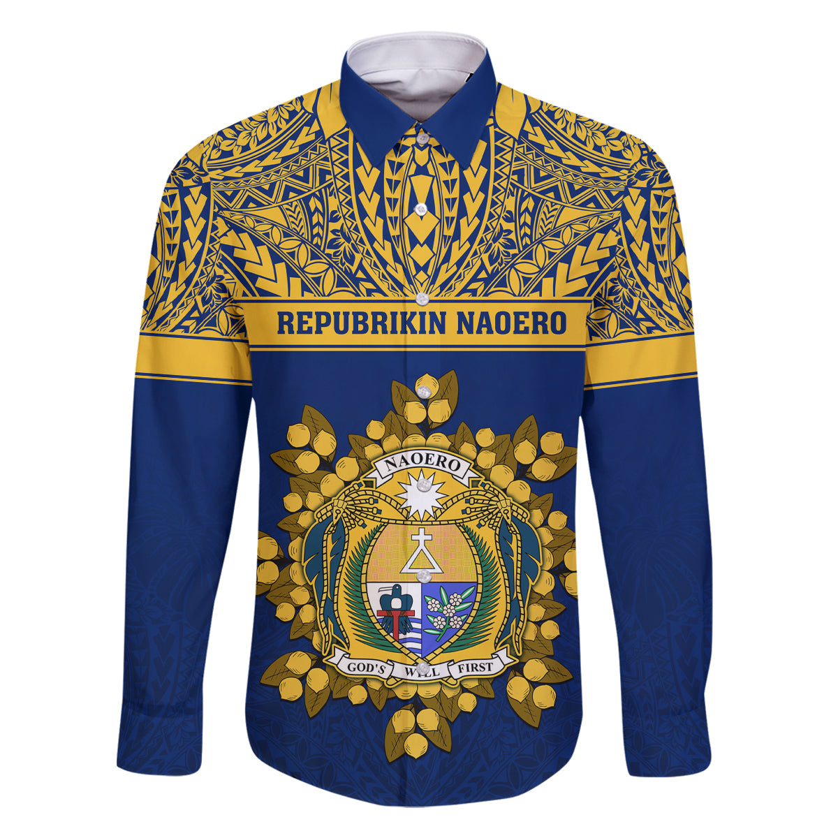 Personalised Repubrikin Naoero Independence Day Family Matching Off Shoulder Long Sleeve Dress and Hawaiian Shirt Tamanu With Coat Of Arms LT05 Dad's Shirt - Long Sleeve Yellow - Polynesian Pride