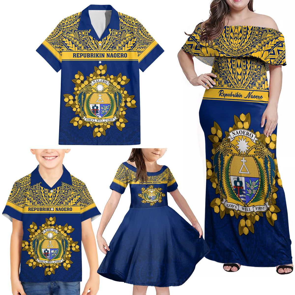 Personalised Repubrikin Naoero Independence Day Family Matching Off Shoulder Maxi Dress and Hawaiian Shirt Tamanu With Coat Of Arms LT05 - Polynesian Pride