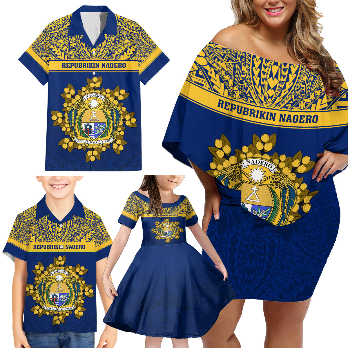 Personalised Repubrikin Naoero Independence Day Family Matching Off Shoulder Short Dress and Hawaiian Shirt Tamanu With Coat Of Arms LT05 - Polynesian Pride