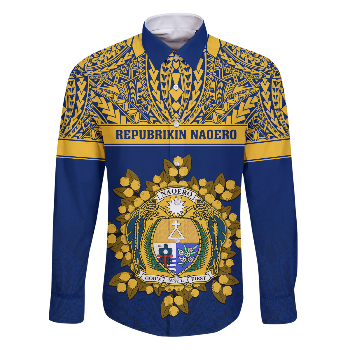 Personalised Repubrikin Naoero Independence Day Family Matching Puletasi Dress and Hawaiian Shirt Tamanu With Coat Of Arms LT05 Dad's Shirt - Long Sleeve Yellow - Polynesian Pride