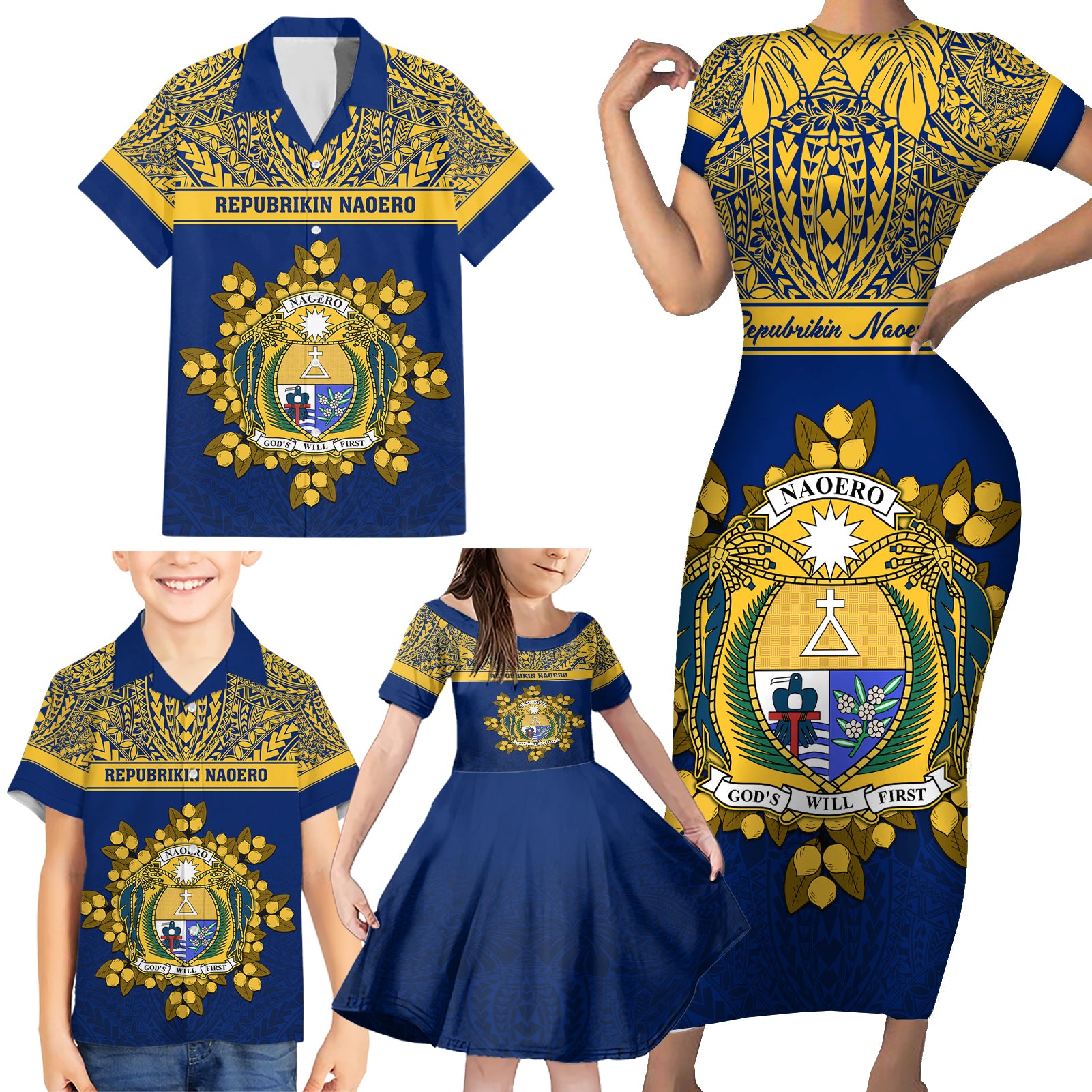 Personalised Repubrikin Naoero Independence Day Family Matching Short Sleeve Bodycon Dress and Hawaiian Shirt Tamanu With Coat Of Arms LT05 - Polynesian Pride