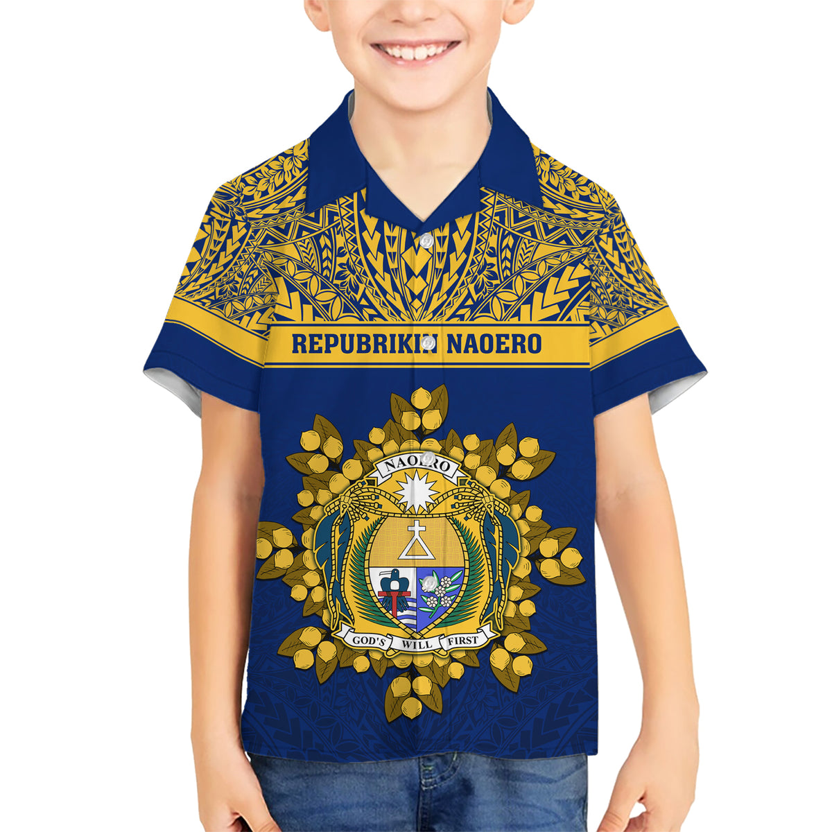 Personalised Repubrikin Naoero Independence Day Kid Hawaiian Shirt Tamanu With Coat Of Arms LT05 Kid Yellow - Polynesian Pride