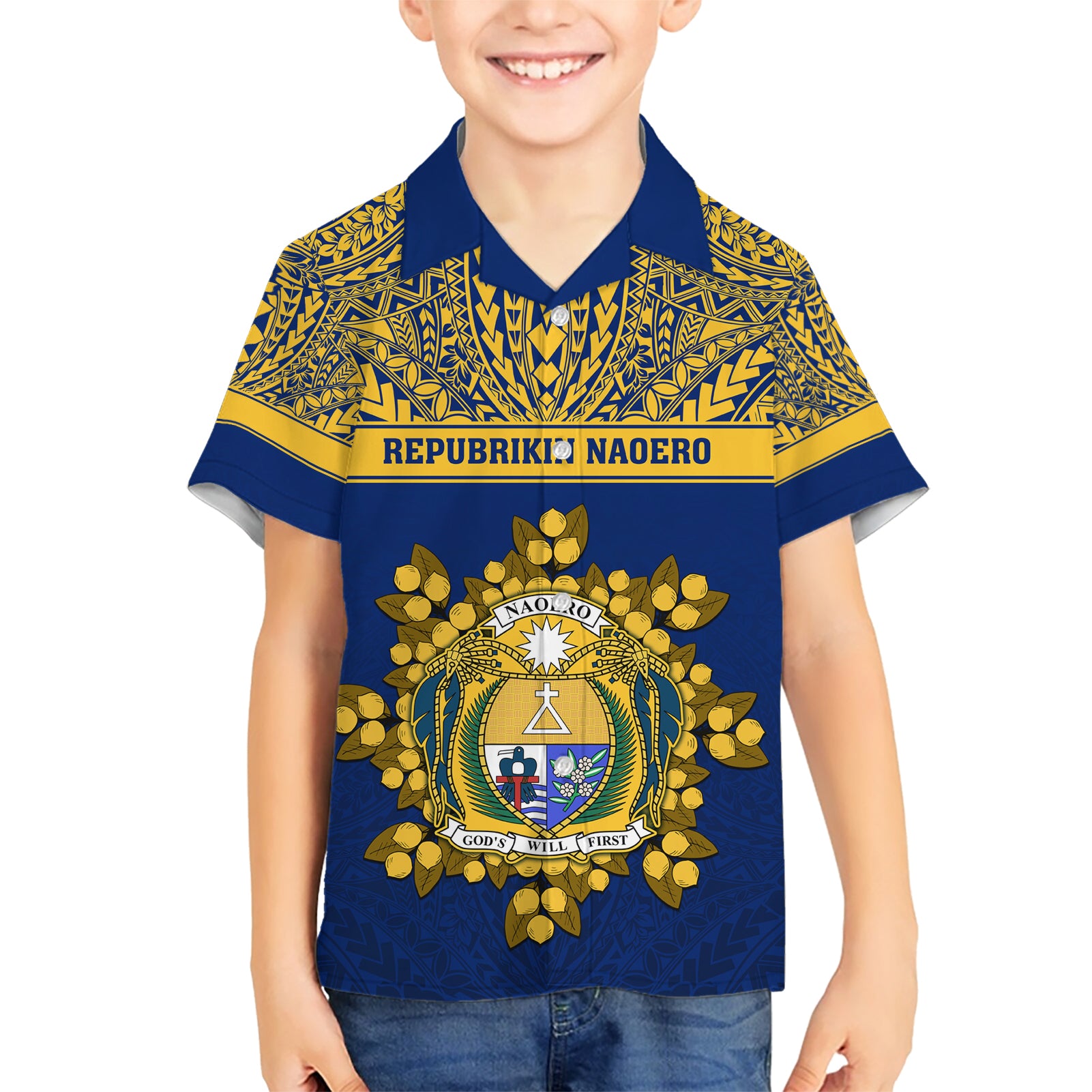 Personalised Repubrikin Naoero Independence Day Kid Hawaiian Shirt Tamanu With Coat Of Arms LT05 Kid Yellow - Polynesian Pride