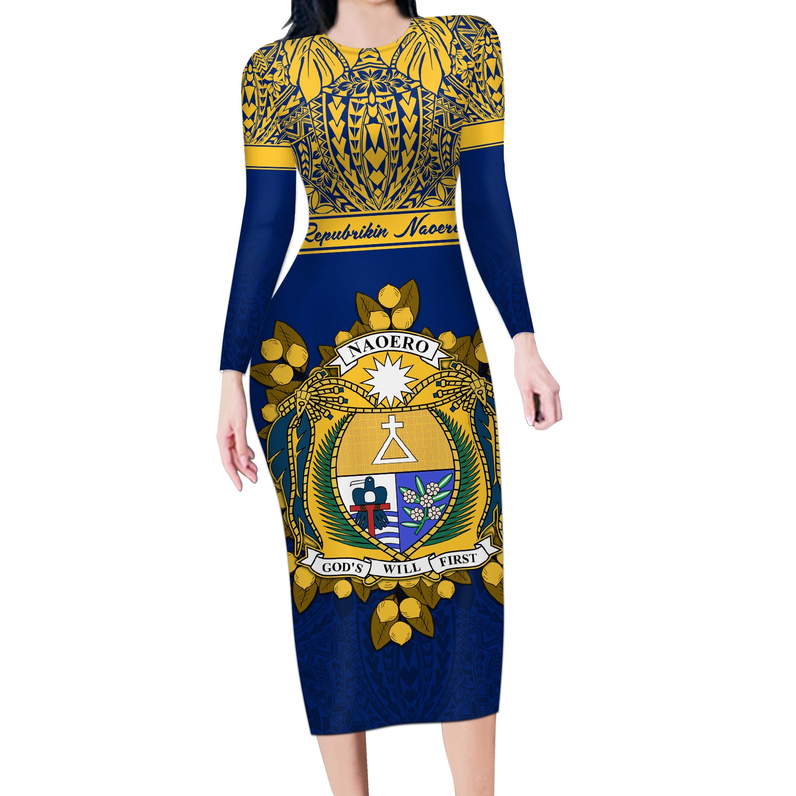 Personalised Repubrikin Naoero Independence Day Long Sleeve Bodycon Dress Tamanu With Coat Of Arms LT05 Long Dress Yellow - Polynesian Pride