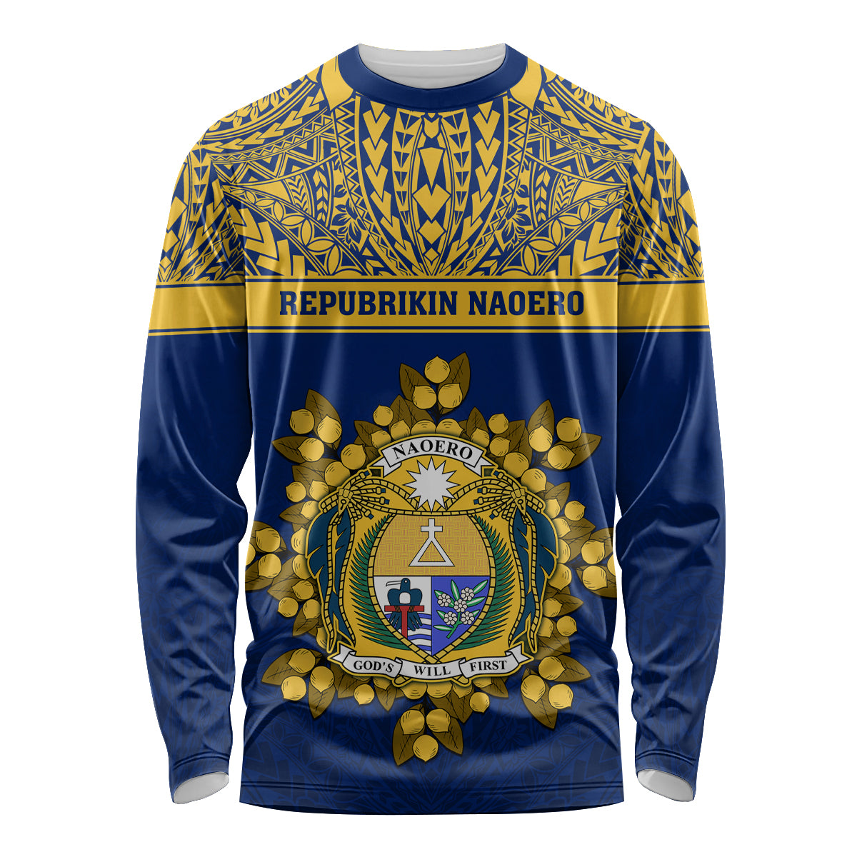 Personalised Repubrikin Naoero Independence Day Long Sleeve Shirt Tamanu With Coat Of Arms LT05 Unisex Yellow - Polynesian Pride