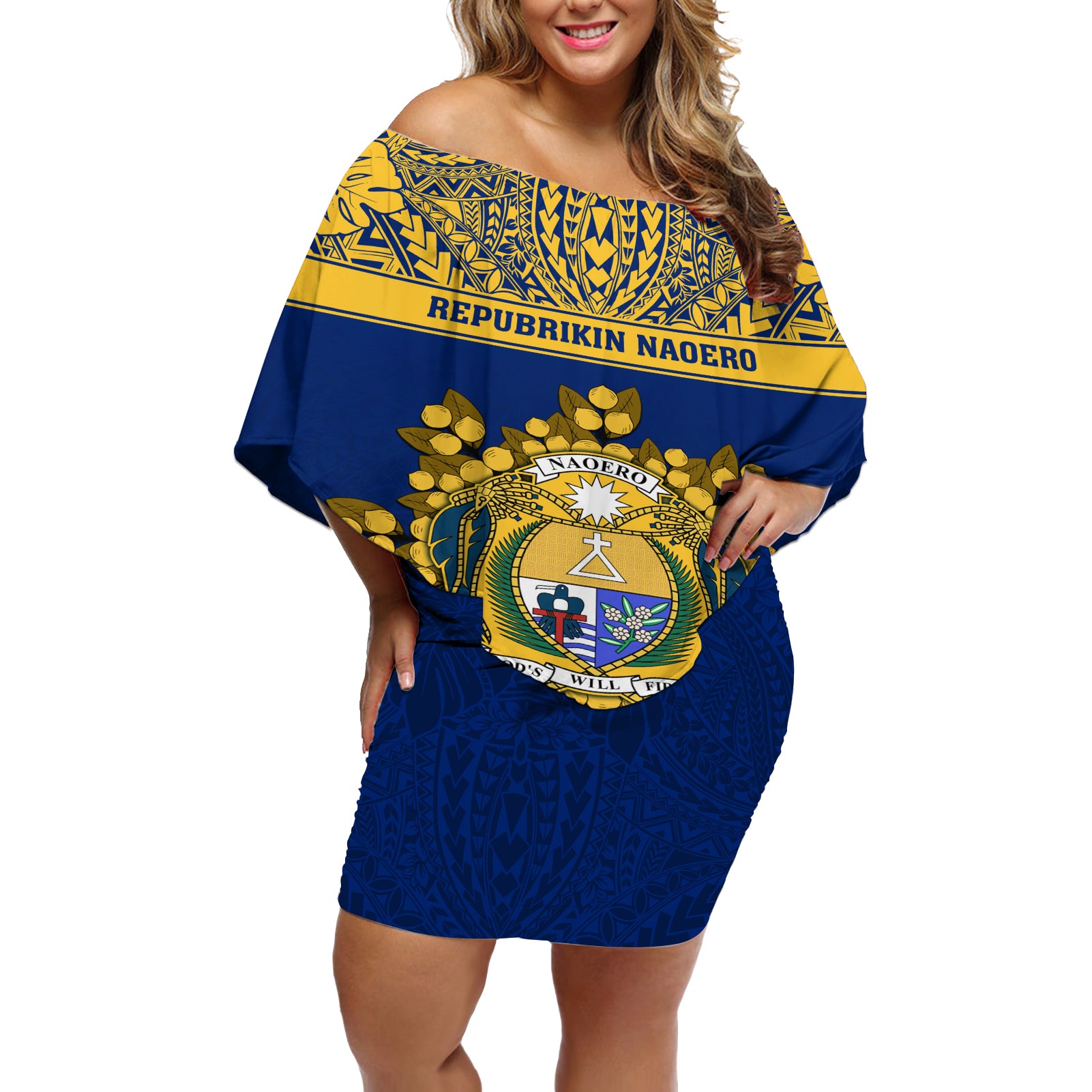 Personalised Repubrikin Naoero Independence Day Off Shoulder Short Dress Tamanu With Coat Of Arms LT05 Women Yellow - Polynesian Pride