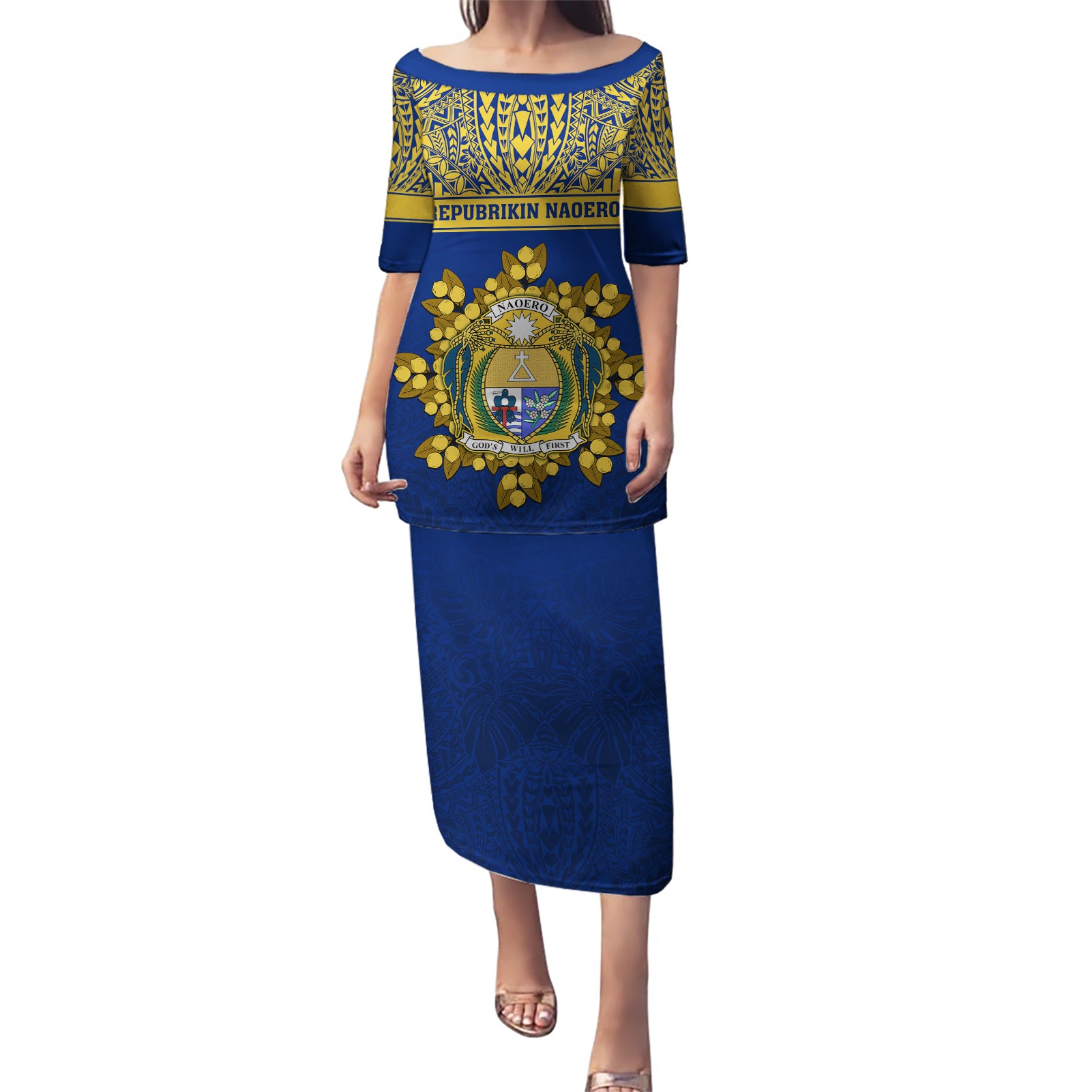 Personalised Repubrikin Naoero Independence Day Puletasi Tamanu With Coat Of Arms LT05 Long Dress Yellow - Polynesian Pride