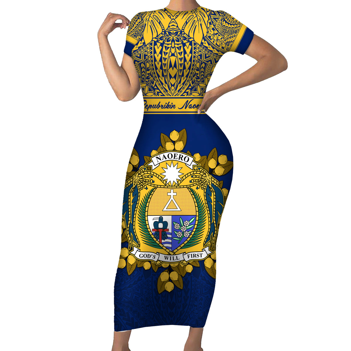 Personalised Repubrikin Naoero Independence Day Short Sleeve Bodycon Dress Tamanu With Coat Of Arms LT05 Long Dress Yellow - Polynesian Pride