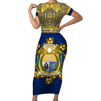 Personalised Repubrikin Naoero Independence Day Short Sleeve Bodycon Dress Tamanu With Coat Of Arms LT05 Long Dress Yellow - Polynesian Pride