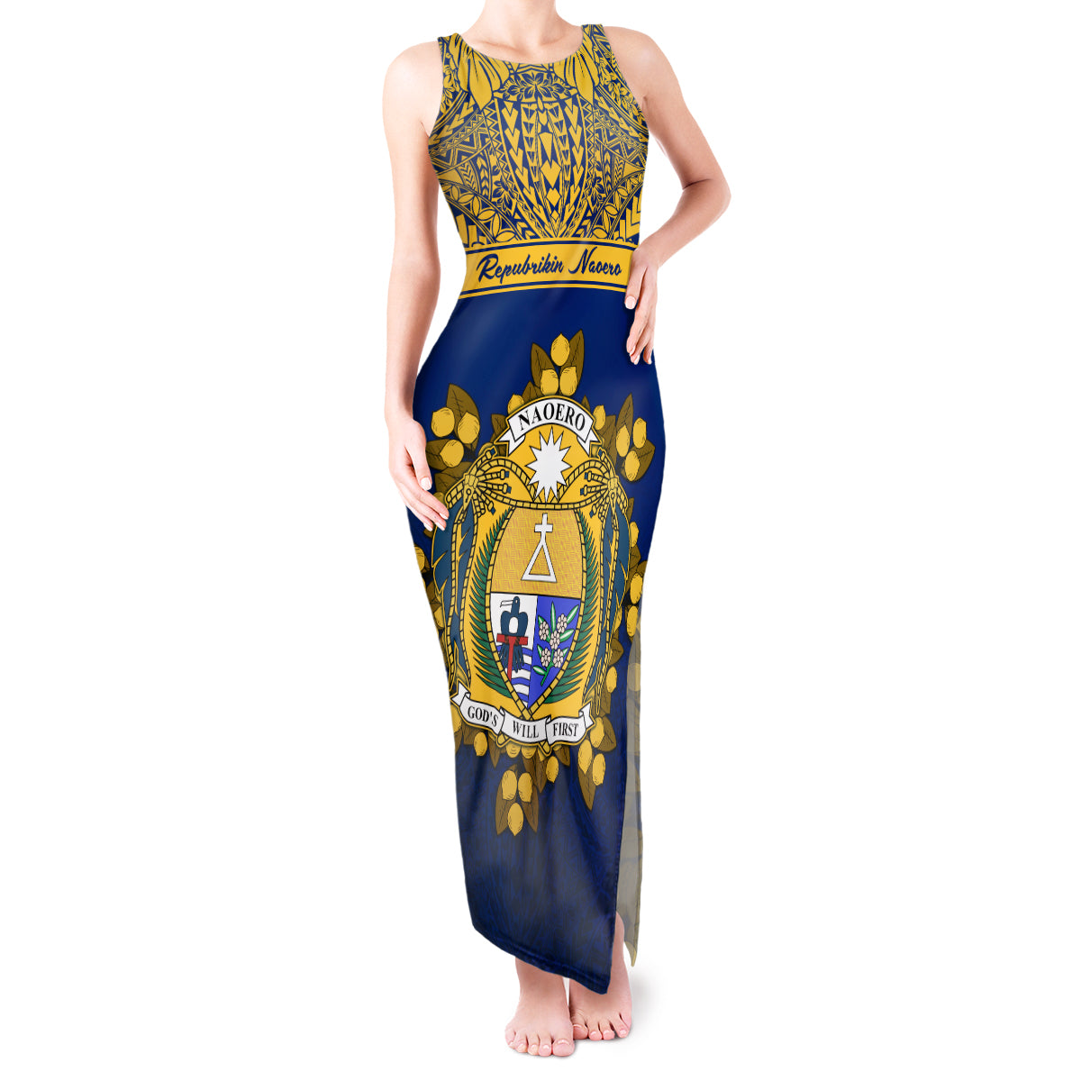 Personalised Repubrikin Naoero Independence Day Tank Maxi Dress Tamanu With Coat Of Arms LT05 Women Yellow - Polynesian Pride