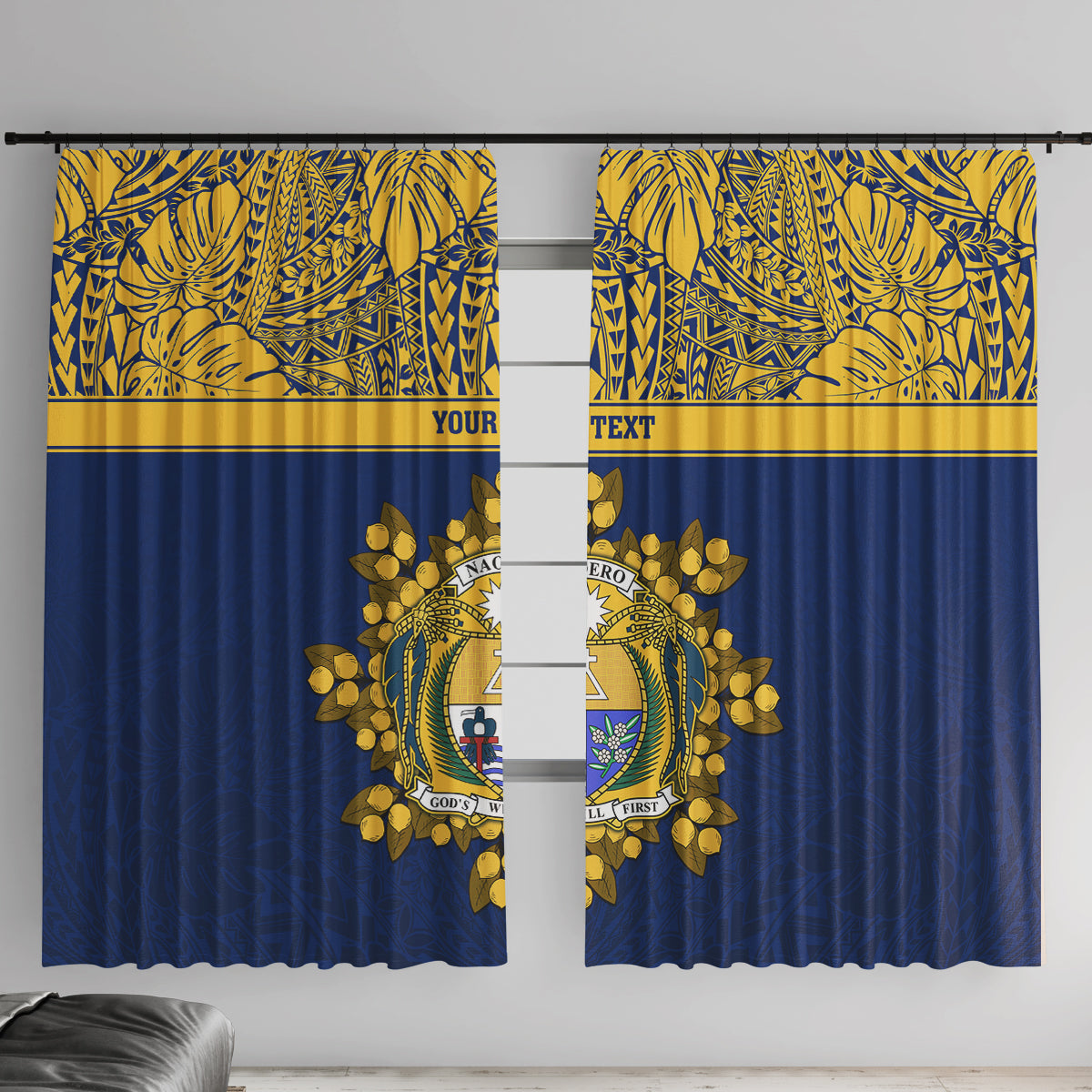 Repubrikin Naoero Independence Day Window Curtain Tamanu With Coat Of Arms LT05 With Hooks Yellow - Polynesian Pride