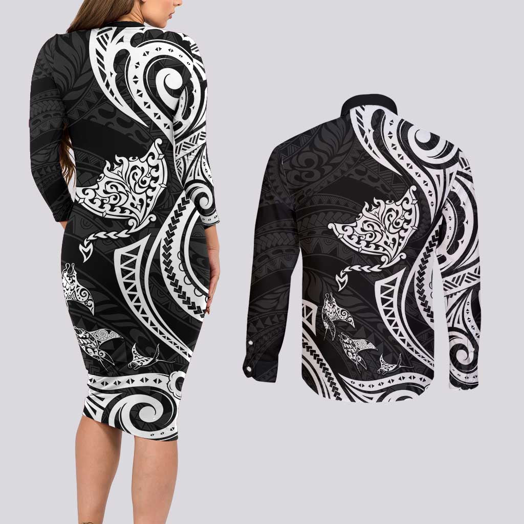 Hawaii Manta Ray Couples Matching Long Sleeve Bodycon Dress and Long Sleeve Button Shirt Polynesian Art Tattoo LT05 - Polynesian Pride