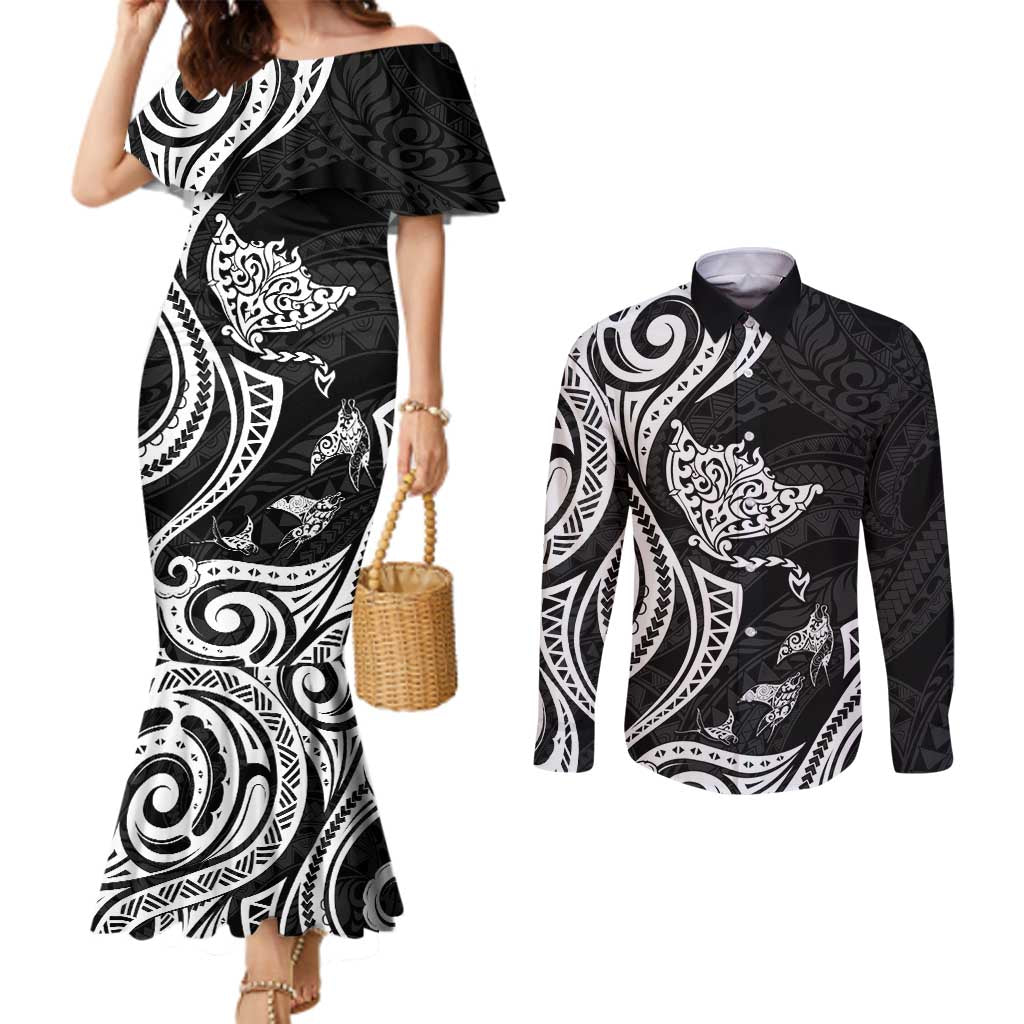 Hawaii Manta Ray Couples Matching Mermaid Dress and Long Sleeve Button Shirt Polynesian Art Tattoo LT05 Black - Polynesian Pride