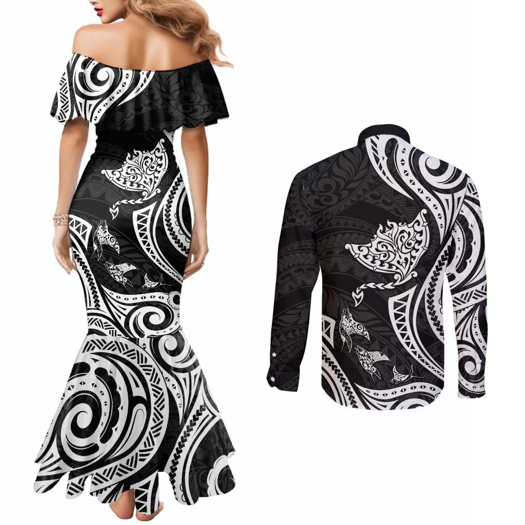 Hawaii Manta Ray Couples Matching Mermaid Dress and Long Sleeve Button Shirt Polynesian Art Tattoo LT05 - Polynesian Pride