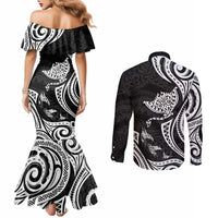 Hawaii Manta Ray Couples Matching Mermaid Dress and Long Sleeve Button Shirt Polynesian Art Tattoo LT05 - Polynesian Pride