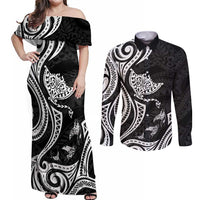 Hawaii Manta Ray Couples Matching Off Shoulder Maxi Dress and Long Sleeve Button Shirt Polynesian Art Tattoo LT05 Black - Polynesian Pride