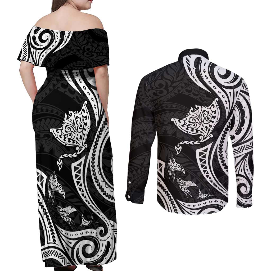 Hawaii Manta Ray Couples Matching Off Shoulder Maxi Dress and Long Sleeve Button Shirt Polynesian Art Tattoo LT05 - Polynesian Pride