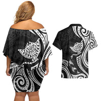 Hawaii Manta Ray Couples Matching Off Shoulder Short Dress and Hawaiian Shirt Polynesian Art Tattoo LT05 - Polynesian Pride