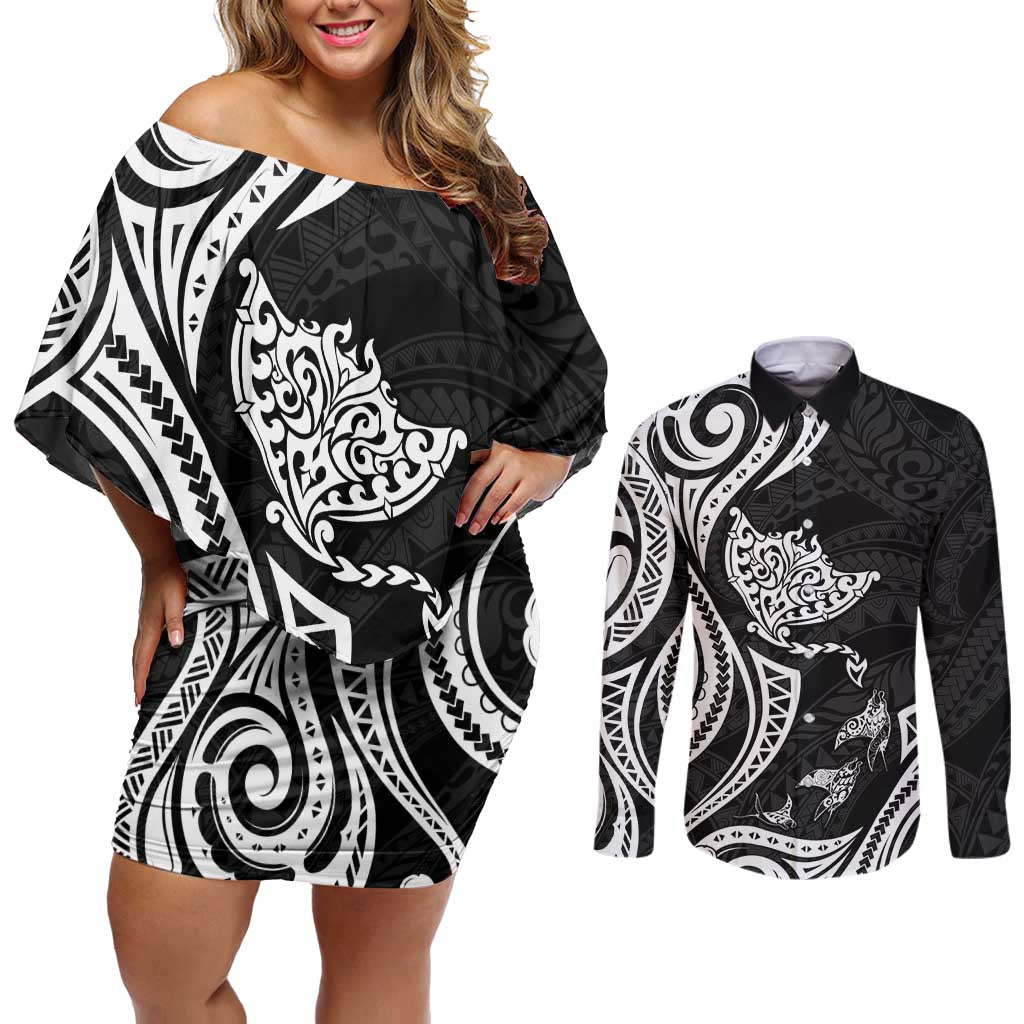 Hawaii Manta Ray Couples Matching Off Shoulder Short Dress and Long Sleeve Button Shirt Polynesian Art Tattoo LT05 Black - Polynesian Pride