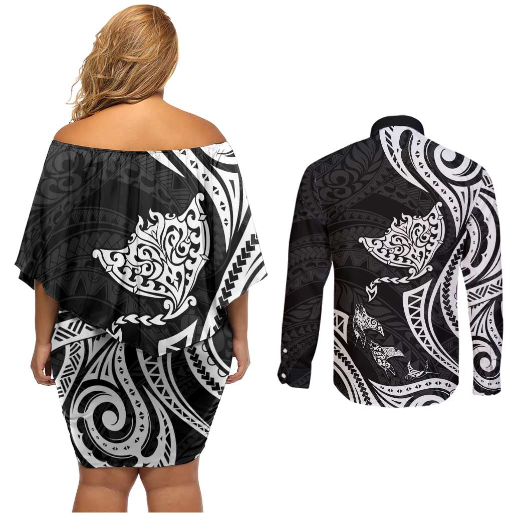 Hawaii Manta Ray Couples Matching Off Shoulder Short Dress and Long Sleeve Button Shirt Polynesian Art Tattoo LT05 - Polynesian Pride