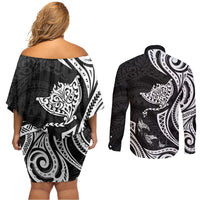 Hawaii Manta Ray Couples Matching Off Shoulder Short Dress and Long Sleeve Button Shirt Polynesian Art Tattoo LT05 - Polynesian Pride