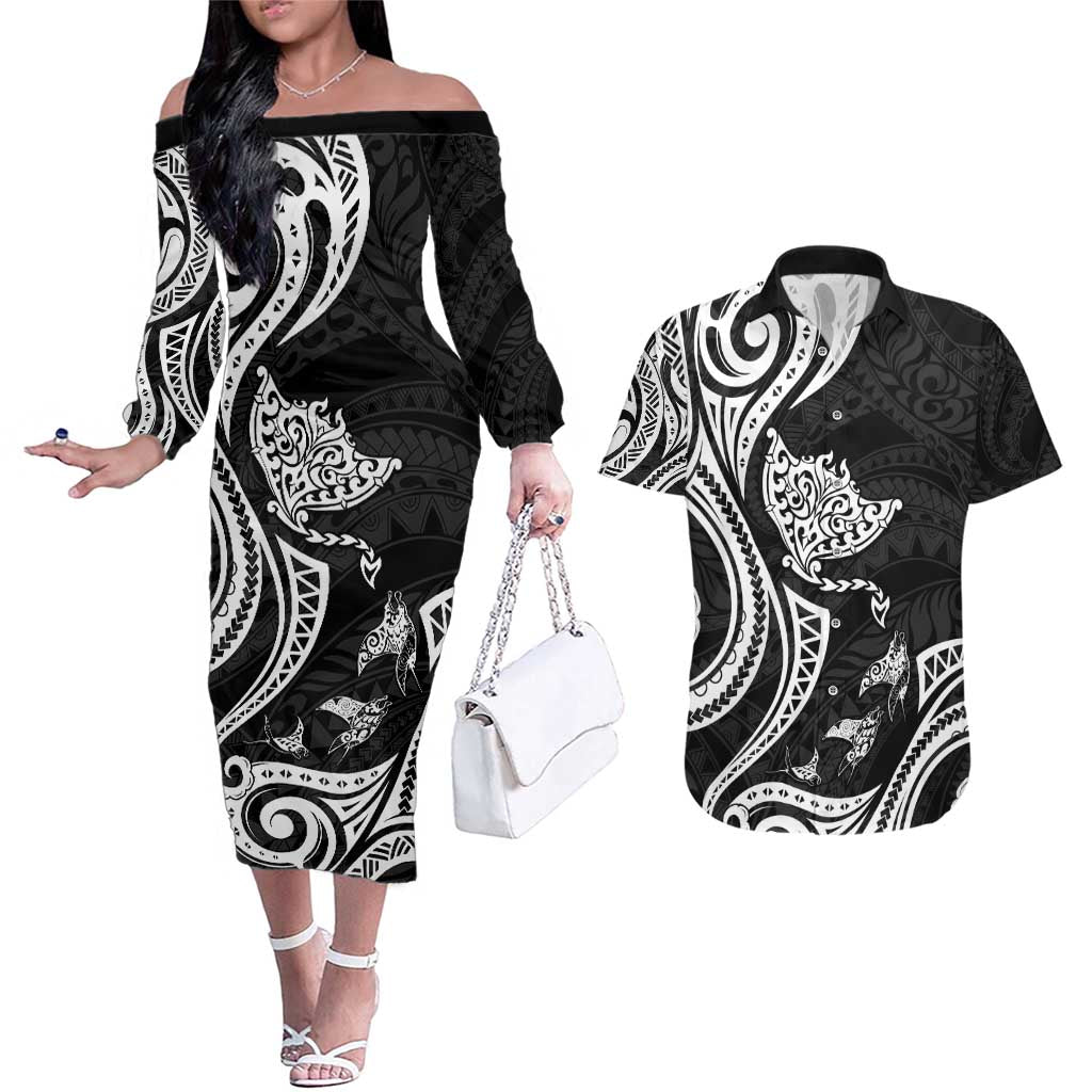 Hawaii Manta Ray Couples Matching Off The Shoulder Long Sleeve Dress and Hawaiian Shirt Polynesian Art Tattoo LT05 Black - Polynesian Pride