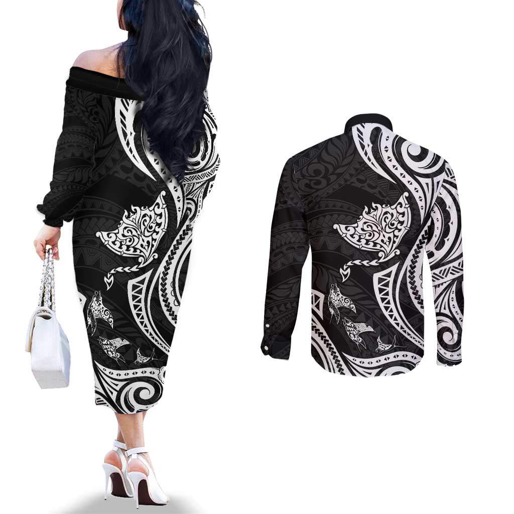 Hawaii Manta Ray Couples Matching Off The Shoulder Long Sleeve Dress and Long Sleeve Button Shirt Polynesian Art Tattoo LT05 - Polynesian Pride